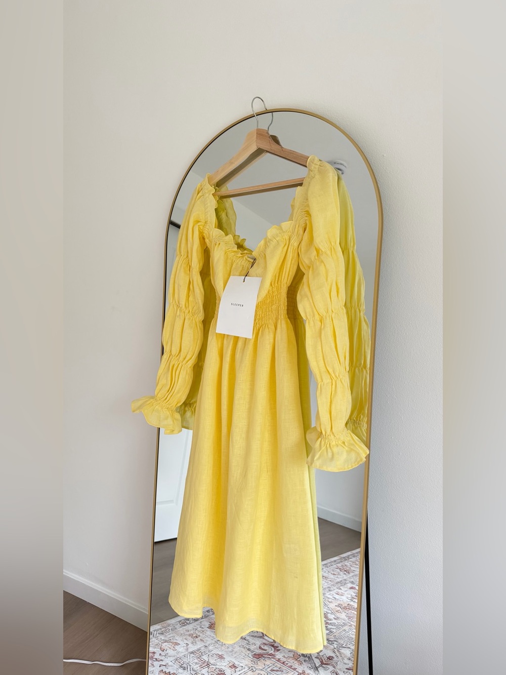 Yellow Puff-Sleeve Square-Neck Midi Dress
